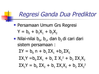 Regresi Ganda Dua Prediktor Persamaan Umum Grs Regresi Y = b 0  + b 1 X 1  + b 2 X 2 Nilai-nilai b 0 , b 1 , dan b 2  di cari dari sistem persamaan :   Σ Y = b 0  n + b 1  Σ X 1  +b 2  Σ X 2   Σ X 1 Y =b 0  Σ X 1  + b 1   Σ  X 1 2  + b 2   Σ X 1 X 2   Σ X 2 Y = b 0   Σ X 2  + b 1   Σ X 1 X 2  + b 2   Σ X 2 2 
