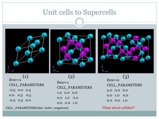Unit cells to Supercells
(1) (2) (3)
ibrav=2
CELL_PARAMETERS
-0.5 0.0 0.5
0.0 0.5 0.5
-0.5 0.5 0.0
ibrav=1
CELL_PARAMETERS
1.0 0.0 0.0
0.0 1.0 0.0
0.0 0.0 1.0
ibrav=0
CELL_PARAMETERS
2.0 0.0 0.0
0.0 1.0 0.0
0.0 0.0 1.0
What about celldm!?CELL_PARAMETERS{alat | bohr | angstrom}
 