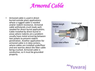 Armored Cable
• Armored cable is used in direct
buried outside plant applications
where a rugged cable is needed
and/or rodent resistance. Armored
cable withstands crush loads well,
needed for direct burial applications.
Cable installed by direct burial in
areas where rodents are a problem
usually have metal armoring between
two jackets to prevent rodent
penetration. Another application for
armored cable is in data centers,
where cables are installed underfloor
and one worries about the fiber cable
being crushed. Armored cable is
conductive, so it must be grounded
properly.
 