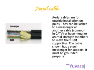 Aerial cable
Aerial cables are for
outside installation on
poles. They can be lashed
to a messenger or
another cable (common
in CATV) or have metal or
aramid strength members
to make them self
supporting. The cable
shown has a steel
messenger for support. It
must be grounded
properly.
 