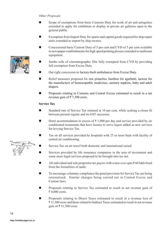 Other Proposals

                                  Scope of exemptions from basic Customs Duty for work of art and antiquities
                                  extended to apply for exhibition or display in private art galleries open to the
                                  general public.

                                  Exemption from Import Duty for spares and capital goods required for ship repair
                                  units extended to import by ship owners.

                                  Concessional basic Custom Duty of 5 per cent and CVD of 5 per cent available
                                  to newspaper establishments for high speed printing presses extended to mailroom
                                  equipment.

                                  Jumbo rolls of cinematographic film fully exempted from CVD by providing
                                  full exemption from Excise Duty.

                                  Out right concession to factory-built ambulances from Excise Duty.

                                  Relief measures proposed for raw pistachio, bamboo for agarbatti, lactose for
                                  the manufacture of homoeopathic medicines, sanitary napkins, baby and adult
                                  diapers.

                                  Proposals relating to Customs and Central Excise estimated to result in a net
                                  revenue gain of ` 7,300 crore.

                            Service Tax

                                  Standard rate of Service Tax retained at 10 per cent, while seeking a closer fit
                                  between present regime and its GST successor.

                                  Hotel accommodation in excess of ` 1,000 per day and service provided by air
                                  conditioned restaurants that have license to serve liquor added as new services
                                  for levying Service Tax.

                                  Tax on all services provided by hospitals with 25 or more beds with facility of
                                  central air conditioning.

                                  Service Tax on air travel both domestic and international raised.

                                  Services provided by life insurance companies in the area of investment and
                                  some more legal services proposed to be brought into tax net.

                                  All individual and sole proprietor tax payers with a turn over upto ` 60 lakh freed
                                  from the formalities of audit.

                                  To encourage voluntary compliance the penal provision for Service Tax are being
                                  rationalised. Similar changes being carried out in Central Excise and
                                  Custom laws.

                                  Proposals relating to Service Tax estimated to result in net revenue gain of
                                  ` 4,000 crore.

                                  Proposals relating to Direct Taxes estimated to result in a revenue loss of
                                  ` 11,500 crore and those related to Indirect Taxes estimated to result in net revenue
                                  gain of ` 11,300 crore.

14

http://indiabudget.nic.in
 