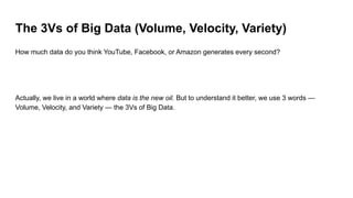 The 3Vs of Big Data (Volume, Velocity, Variety)
How much data do you think YouTube, Facebook, or Amazon generates every second?
Actually, we live in a world where data is the new oil. But to understand it better, we use 3 words —
Volume, Velocity, and Variety — the 3Vs of Big Data.
 