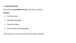 2. Unstructured Data
Data that has no predefined format, very hard to organize.
Example:
● YouTube videos
● WhatsApp messages
● Customer reviews
● Emails, photos, audio recordings
“How many of you send voice notes or take selfies every day?”
 