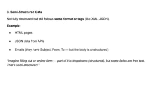 3. Semi-Structured Data
Not fully structured but still follows some format or tags (like XML, JSON).
Example:
● HTML pages
● JSON data from APIs
● Emails (they have Subject, From, To — but the body is unstructured)
“Imagine filling out an online form — part of it is dropdowns (structured), but some fields are free text.
That’s semi-structured.”
 