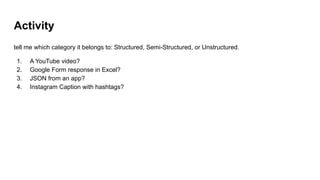 Activity
tell me which category it belongs to: Structured, Semi-Structured, or Unstructured.
1. A YouTube video?
2. Google Form response in Excel?
3. JSON from an app?
4. Instagram Caption with hashtags?
 