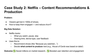 Case Study 2: Netflix – Content Recommendations &
Production
Problem:
● Viewers get lost in 1000s of shows.
● How to keep them engaged — and reduce churn?
Big Data Solution:
● Netflix tracks:
○ What you watch, pause, skip
○ Viewing time, device type, user feedback
● Uses this to:
○ Recommend shows (like “Because you watched…”)
○ Decide what content to produce next (e.g., House of Cards was based on data!)
Outcome:✅ Saved millions on market research, ✅ Boosted user retention and engagement
 