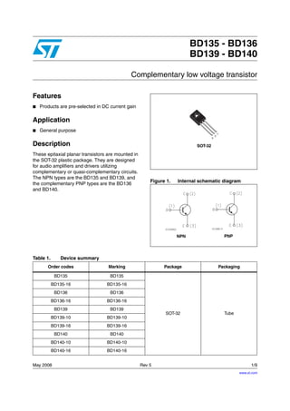 May 2008 Rev 5 1/9
9
BD135 - BD136
BD139 - BD140
Complementary low voltage transistor
Features
■ Products are pre-selected in DC current gain
Application
■ General purpose
Description
These epitaxial planar transistors are mounted in
the SOT-32 plastic package. They are designed
for audio amplifiers and drivers utilizing
complementary or quasi-complementary circuits.
The NPN types are the BD135 and BD139, and
the complementary PNP types are the BD136
and BD140.
Figure 1. Internal schematic diagram
3
2
1
SOT-32
NPN PNP
Table 1. Device summary
Order codes Marking Package Packaging
BD135 BD135
SOT-32 Tube
BD135-16 BD135-16
BD136 BD136
BD136-16 BD136-16
BD139 BD139
BD139-10 BD139-10
BD139-16 BD139-16
BD140 BD140
BD140-10 BD140-10
BD140-16 BD140-16
www.st.com
 