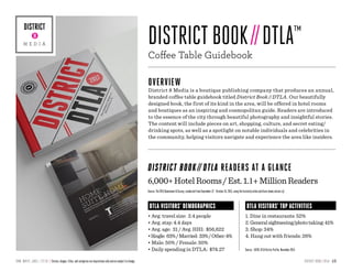 DISTRICT BOOK//DTLA™
Coffee Table Guidebook
OVERVIEW
District 8 Media is a boutique publishing company that produces an annual,
branded coffee table guidebook titled District Book //DTLA. Our beautifully
designed book, the first of its kind in the area, will be offered in hotel rooms
and boutiques as an inspiring and cosmopolitan guide. Readers are introduced
to the essence of the city through beautiful photography and insightful stories.
The content will include pieces on art, shopping, culture, and secret eating/
drinking spots, as well as a spotlight on notable individuals and celebrities in
the community, helping visitors navigate and experience the area like insiders.
DISTRICT BOOK//DTLA READERS AT A GLANCE
,000+HotelRooms/Est.1. MillionReaders
Source: The 2015 Downtown LA Survey, conducted from September 12 – October 16, 2015, using the Instantly online platform (www.instant.ly)
DTLA VISITORS’ DEMOGRAPHICS
• Avg. travel size: 2.4 people
• Avg. stay: 4.4 days
• Avg. age: 31 / Avg. HHI: $56,622
•Single: 63%/Married: 33%/Other:4%
• Male: 50% / Female: 50%
• Daily spending in DTLA: $74.27
DTLA VISITORS’ TOP ACTIVITIES
1. Dine in restaurants: 52%
2.Generalsightseeing/phototaking:41%
3. Shop: 34%
4. Hang out with friends: 26%
Source: LATCB, DTLA Visitor Profile, November 2015
M E D I A
DISTRICT
DISTRICT BOOK//DTLA 1/3D8M_WHITE_LABEL_7.27.16 // Stories, images, titles, and categories are inspirations only and are subject to change.
 
