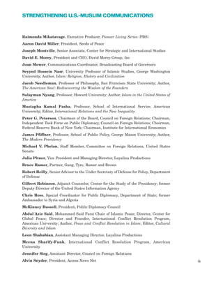 Raimonda Mikatavage, Executive Producer, Pioneer Living Series (PBS)
Aaron David Miller, President, Seeds of Peace
Joseph Montville, Senior Associate, Center for Strategic and International Studies
David E. Morey, President and CEO, David Morey Group, Inc.
Joan Mower, Communications Coordinator, Broadcasting Board of Governors
Seyyed Hossein Nasr, University Professor of Islamic Studies, George Washington
University; Author, Islam: Religion, History and Civilization
Jacob Needleman, Professor of Philosophy, San Francisco State University; Author,
The American Soul: Rediscovering the Wisdom of the Founders
Sulayman Nyang, Professor, Howard University; Author, Islam in the United States of
America
Mustapha Kamal Pasha, Professor, School of International Service, American
University; Editor, International Relations and the New Inequality
Peter G. Peterson, Chairman of the Board, Council on Foreign Relations; Chairman,
Independent Task Force on Public Diplomacy, Council on Foreign Relations; Chairman,
Federal Reserve Bank of New York; Chairman, Institute for International Economics
James Pfiffner, Professor, School of Public Policy, George Mason University; Author,
The Modern Presidency
Michael V. Phelan, Staff Member, Committee on Foreign Relations, United States
Senate
Julia Pitner, Vice President and Managing Director, Layalina Productions
Bruce Ramer, Partner, Gang, Tyre, Ramer and Brown
Robert Reilly, Senior Advisor to the Under Secretary of Defense for Policy, Department
of Defense
Gilbert Robinson, Adjunct Counselor, Center for the Study of the Presidency; former
Deputy Director of the United States Information Agency
Chris Ross, Special Coordinator for Public Diplomacy, Department of State; former
Ambassador to Syria and Algeria
McKinney Russell, President, Public Diplomacy Council
Abdul Aziz Said, Mohammed Said Farsi Chair of Islamic Peace; Director, Center for
Global Peace; Director and Founder, International Conflict Resolution Program,
American University; Author, Peace and Conflict Resolution in Islam; Editor, Cultural
Diversity and Islam
Leon Shahabian, Assistant Managing Director, Layalina Productions
Meena Sharify-Funk, International Conflict Resolution Program, American
University
Jennifer Sieg, Assistant Director, Council on Foreign Relations
Alvin Snyder, President, Access News Net ix
STRENGTHENING U.S.-MUSLIM COMMUNICATIONS
 