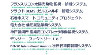 フランスリヨン太陽光発電 監視・診断システム
発電量の遠隔監視、発電パネルの性能劣化を診断
クラウド BEMS (ビルエネルギー管理システム)
ビルに設置された各種メータの情報の収集、蓄積、分析
石巻市スマート コミュニティ プロジェクト
地域全体のエネルギーのメータ情報の収集、蓄積、分析
電力会社 低圧託送業務システム
スマートメータから収集される電力使用量を集計し、需要量と発電量のバランスを調整
神戸製鋼所 産業用コンプレッサ稼働監視システム
グローバルに販売した産業用機器をクラウドを利用して稼働監視
デンソー ファクトリー ＩｏＴ
工場の生産性向上。世界130工場に展開予定
DENSO International America 次世代車両管理システム
車両の各種センサーデータを用いる車両管理システムのデータベースの技術的なチャレンジのＰＯＣ
･･･
 