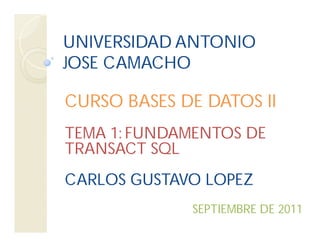 UNIVERSIDAD ANTONIO
JOSE CAMACHO

CURSO BASES DE DATOS II
TEMA 1: FUNDAMENTOS DE
TRANSACT SQL
CARLOS GUSTAVO LOPEZ
             SEPTIEMBRE DE 2011
 