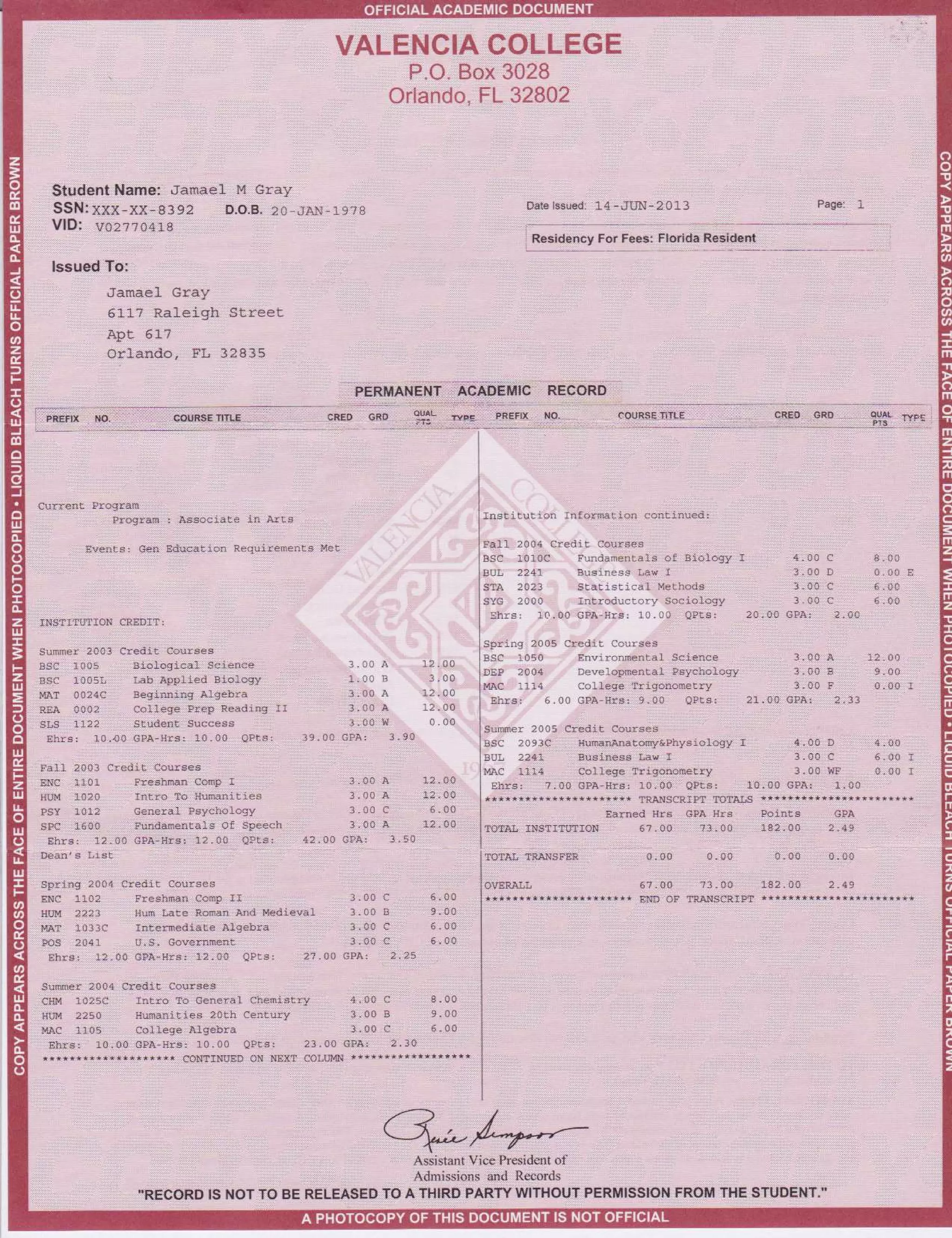 Valencia Transcript PDF
