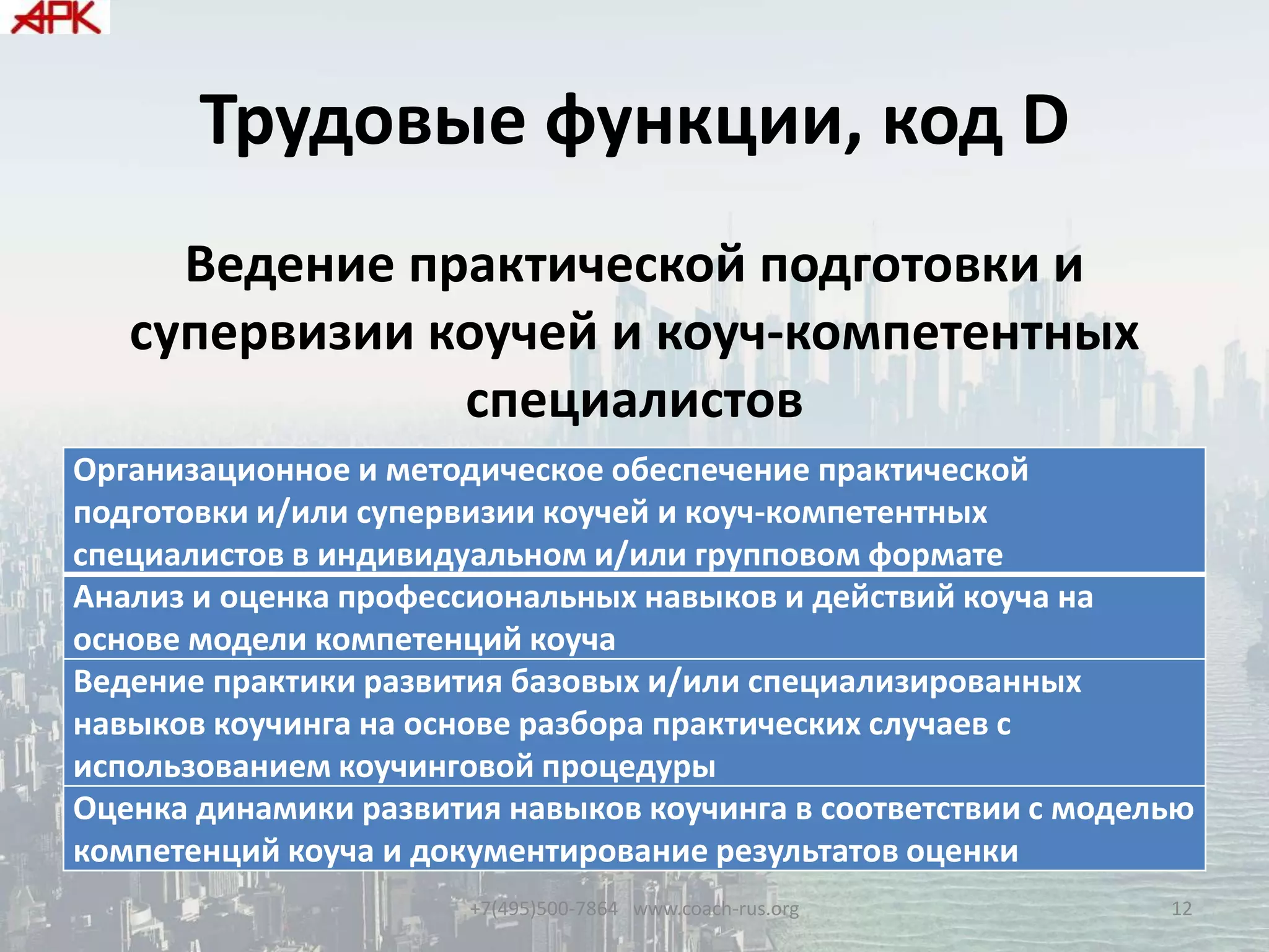 Трудовые функции, код D
Ведение практической подготовки и
супервизии коучей и коуч-компетентных
специалистов
Организационное и методическое обеспечение практической
подготовки и/или супервизии коучей и коуч-компетентных
специалистов в индивидуальном и/или групповом формате
Анализ и оценка профессиональных навыков и действий коуча на
основе модели компетенций коуча
Ведение практики развития базовых и/или специализированных
навыков коучинга на основе разбора практических случаев с
использованием коучинговой процедуры
Оценка динамики развития навыков коучинга в соответствии с моделью
компетенций коуча и документирование результатов оценки
+7(495)500-7864 www.coach-rus.org 12
 