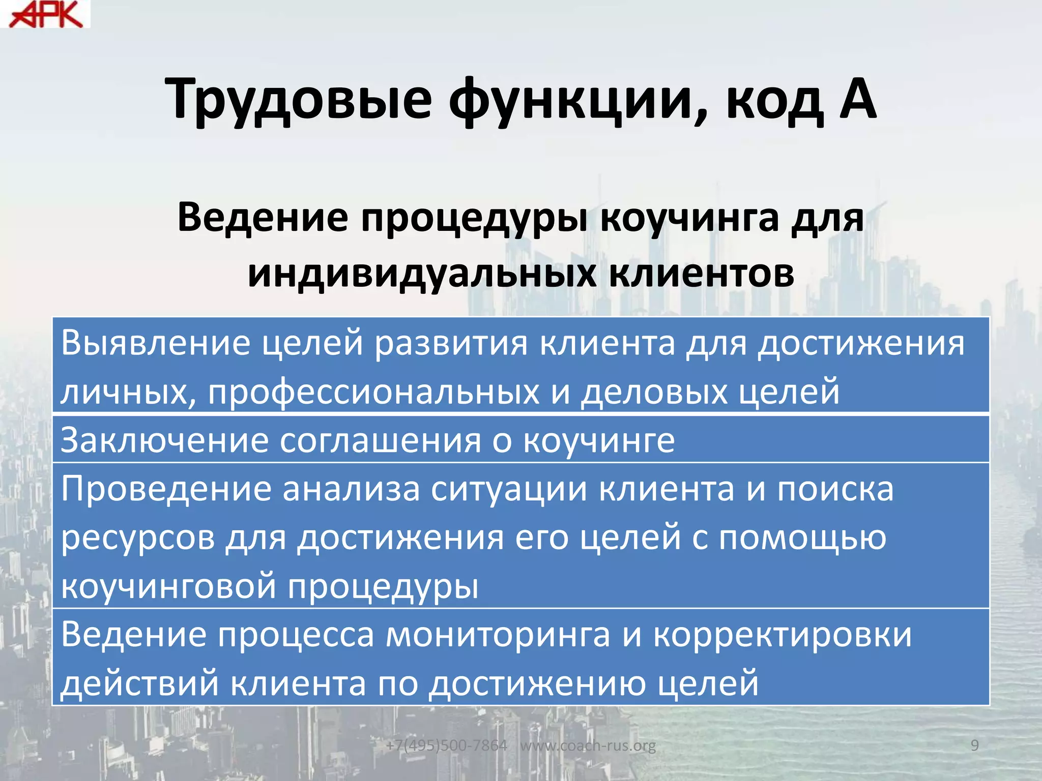 Трудовые функции, код А
Ведение процедуры коучинга для
индивидуальных клиентов
Выявление целей развития клиента для достижения
личных, профессиональных и деловых целей
Заключение соглашения о коучинге
Проведение анализа ситуации клиента и поиска
ресурсов для достижения его целей с помощью
коучинговой процедуры
Ведение процесса мониторинга и корректировки
действий клиента по достижению целей
+7(495)500-7864 www.coach-rus.org 9
 