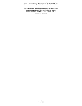 Q14 Please feel free to write additional
comments that you may have here:
Answered: 4 Skipped: 18
14 / 14
Lean Manufacturing- An Overview By Prof. ELKAN
 