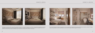 2928
APARTMENT ‘SO’, BEDROOM APARTMENT ‘SO’, GUEST ROOM
The flooring is laminate, which is used on the wall behind the bed as an accent. The bed is very soft and comfortable as its headboard is actually
a big pillow. The opposite wall is furnished entirely with wardrobes, a cupboard and shelves. The curtains are heavy and graphitic, and on the
opposite wall there are print photos of feathers in black and white, which give some mysticism to the space.
One of the most important things for a guest room is to be functional and designed with the idea that this space should be universal. The design
needs to be guided by common characteristics, which can fit the needs of the most guests of the family.
 