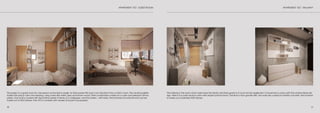 3130
APARTMENT ‘SO’, GUEST ROOM APARTMENT ‘SO’, HALLWAY
This project is a guest room for one person as the bed is single. As time passes this room can transform into a child’s room. The neutral palette
makes the space calm and relaxing, using colors like white, grey and brown wood. Their combination makes for a calm and pleasant atmos-
phere. One wall is coated with decorative panel of bricks or a wallpaper, and the others – with latex. The furniture is functional and can be
made out of MDF planes. Part of it is covered with veneer and part is lacquered.
The hallway is the room which welcomes the family and their guests so it must not be neglected. It should be in unison with the whole interior de-
sign. Here it is in pale neutral colors with simple furniture forms. The floor is from granite tiles, the walls are coated to imitate concrete. The furniture
is made out of painted MDF planes.
 