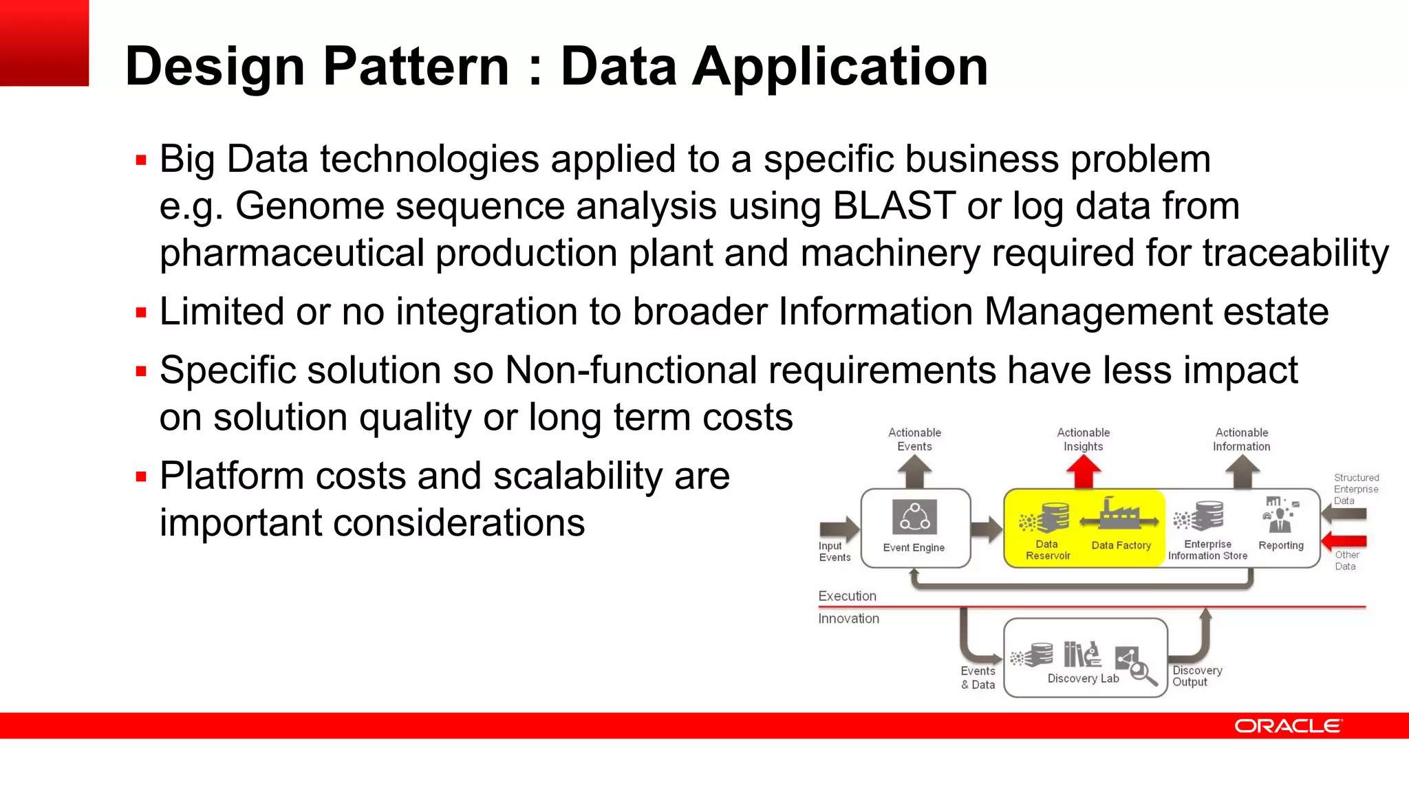 Design Pattern : Data Application 
 Big Data technologies applied to a specific business problem 
e.g. Genome sequence analysis using BLAST or log data from 
pharmaceutical production plant and machinery required for traceability 
 Limited or no integration to broader Information Management estate 
 Specific solution so Non-functional requirements have less impact 
on solution quality or long term costs 
 Platform costs and scalability are 
important considerations 
 