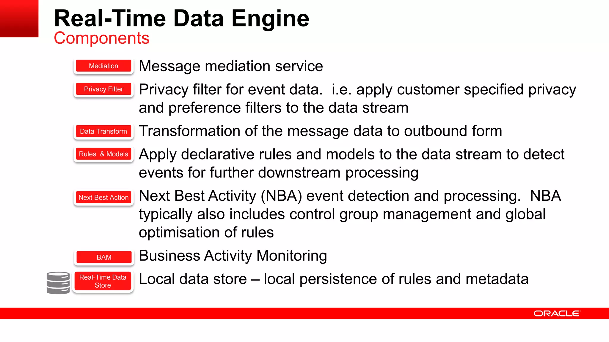 Real-Time Data Engine 
 Message mediation service 
 Privacy filter for event data. i.e. apply customer specified privacy 
and preference filters to the data stream 
 Transformation of the message data to outbound form 
 Apply declarative rules and models to the data stream to detect 
events for further downstream processing 
 Next Best Activity (NBA) event detection and processing. NBA 
typically also includes control group management and global 
optimisation of rules 
 Business Activity Monitoring 
 Local data store – local persistence of rules and metadata 
Components 
Privacy Filter 
Data Transform 
Rules & Models 
Mediation 
Next Best Action 
Real-Time Data 
Store 
BAM 
 
