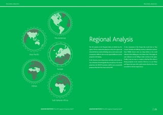 25 | | 26LEGATUM INSTITUTE | The 2015 Legatum Prosperity Index™LEGATUM INSTITUTE | The 2015 Legatum Prosperity Index™ | 26LEGATUM INSTITUTE | The 2015 Legatum Prosperity Index™
Regional Analysis
The 142 countries in the Prosperity Index are divided into five
regions.We have analysed developments in these five regions and
chronicled the key trends and findings. Just as each country’s path
to prosperity is different,there are also regional differences in how
prosperity is developing.
In the Americas, issues of governance and safety and security are
sure to dominate electoral agendas this year and next. On current
projections, the ASEAN economies could be more economically
prosperous than their East Asian rivals by 2025.
A close examination of the Europe data reveals that an “Iron
Curtain”of health and wellbeing continues to divide the continent.
Some Middle Eastern states saw sharp declines in key social
indicators before falling prey to the Islamic State. Worryingly, the
same indicators are now falling in other countries in the region.
Finally, it may not come as a surprise to find that West Africa is
driving prosperity in the continent. However, it is not Ghana
and Nigeria, but many of the small countries that have been most
successful over the last couple of years.
The Americas
Sub-Saharan Africa
Europe
Asia-Pacific
MENA
REGIONAL ANALYSIS REGIONAL ANALYSIS
LEGATUM INSTITUTE | The 2015 Legatum Prosperity Index™
 