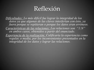 Reflexión
Dificultades: Lo más difícil fue lograr la integridad de los
datos ya que algunas de las claves interferían con ésto, ya
fuera porque se repitieran o porque los datos eran erróneos.
Características de las relaciones: Las relaciones son “1:N”
en ambos casos, obtenidos a partir del enunciado.
Experiencia de la realización: Calificaría la experiencia como
regular, o media, por los inconvenientes presentados en la
integridad de los datos y lograr las relaciones.