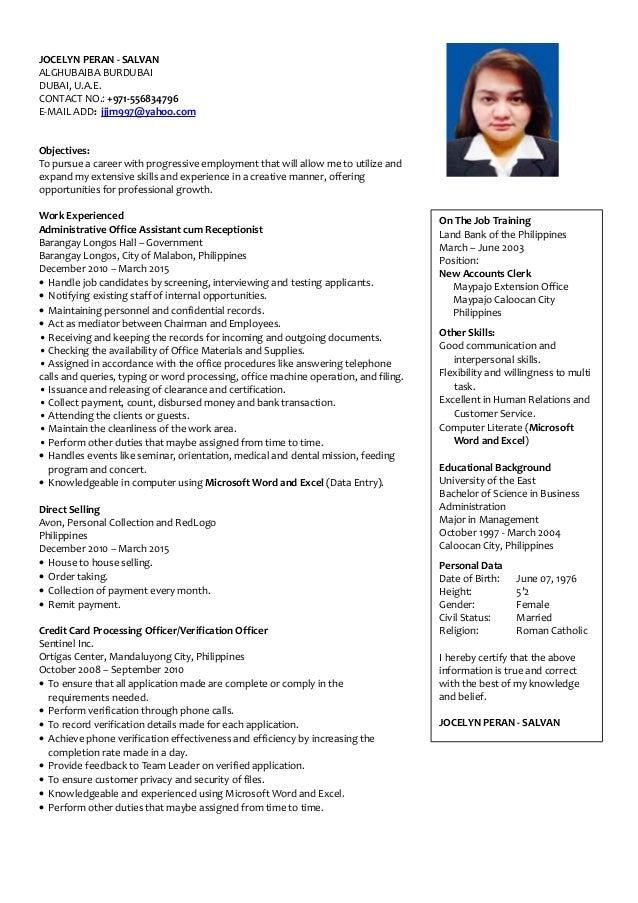 cv for receptionist