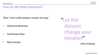 © 2014 IBM Corporation 
#PADDHR 
How Do We Make Decisions? 
“Let the 
dataset 
change your 
mindset” 
(Hans Rosling) 
“Bias” is the conflict between intuition and logic 
• ‘Attentional Blindness’ 
• ‘Confirmation Bias’ 
• ‘Risk Aversion’ 
 