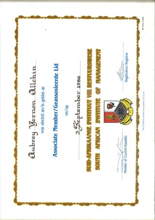 Certificate Membership Institute of Management of South Africa