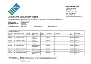 LEARNING AND DEVELOPMENT RECORD
The information below is compiled from the Telkom SA Ltd learning and development database.
Centre for Learning
Telkom SA Limited
Private bag X3
Olifantsfontein, 1665
Tel: 011 238 4000
Fax: 011 238 4011
E-mail: cfletdcf@telkom.co.za
Name: Dhayalan Govender
Identity Number: 6404245200082
Salary Reference No.: 01512723
Date: 2009/01/08
Highest Qualification: NQF Level Qualification ID Qualification Title
TRAINING RECORD
SAP Q
Ref. No.
Qualification Group SAQA
ID No.
Qualification
Title
NQF
Level
Proficiency Institution Start
Date
End Date
00022316 Information Technology MS-Excel 5.0: Basic Satisfactory 1964/04/24 9999/12/31
99999000 T&N: Fundamentals Catalog A-Course
[Teltra/Tegop]
Satisfactory 1990/06/01 9999/12/31
99999001 T&N: Fundamentals Catalog B-Course
[Teltra/Tegop]
Satisfactory 1990/06/01 9999/12/31
99999002 T&N: Fundamentals Catalog C-Course
[Teltra/Tegop]
Satisfactory 1990/06/01 9999/12/31
00002301 T&N: Transmission Catalog Introduction to Pulse
Code Modulation
Satisfactory 1996/06/01 9999/12/31
00021401 T&N: Fundamentals Catalog Electricity &
Electronics: Principles
Satisfactory 1996/06/01 9999/12/31
00021402 T&N: Fundamentals Catalog Introduction to Logics Satisfactory 1996/06/01 9999/12/31
00002315 T&N: SDH Technologies Catalog SDH: Add-Drop Mux
-SMA1/4
Satisfactory 1997/10/03 9999/12/31
 