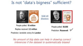 Is not “data’s bigness” sufficient?
1936 US
Elections
A. Landon
People polled: 10 million
Replies received: 2.3 million
Prediction: landslide victory for Landon
F. Roosevelt
People polled: 50,000
Prediction: Roosevelt
No amount of big data can help in drawing correct
inferences if the dataset is systematically biased
 