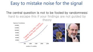 The central question is not to be fooled by randomness;
hard to escape this if your findings are not guided by
theory
Easy to mistake noise for the signal
 