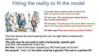 Fitting the reality to fit the model
The man leaves the store wearing the suit, his right elbow crooked and
sticking out.
The only way he can walk is with a herky-jerky, spastic gait.
A man after trying a made-to-order suit said to the
tailor,“The sleeve is two inches too long!”
The tailor says, “No, just bend your elbow like this.
See, it pulls up the sleeve.”
The man says, “but look now at the collar! When I bend my
elbow, the collar goes halfway up the back of my head.”
The tailor says,“Raise your head up and back. Perfect.”
Just then, two passersby notice him.
the first: “Look at that poor crippled guy. My heart goes out to him.”
the second: “Yeah, but his tailor must be a genius! The suit is a perfect fit!”
 