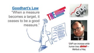 Goodhart’s Law
“When a measure
becomes a target, it
ceases to be a good
measure.”
Mahbub Ul Haq
“GNP can increase while
human lives shrivel”—
Mahbub ul Haq
 