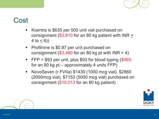 Cost
 Kcentra is $635 per 500 unit vial purchased on
consignment ($3,810 for an 80 kg patient with INR >
4 to < 6))
 Profilnine is $0.87 per unit purchased on
consignment ($3,480 for an 80 kg pt with INR > 4)
 FFP = $93 per unit, plus $93 for blood typing ($465
for an 80 kg pt – approximately 4 units FFP)
 NovoSeven (r FVIIa) $1430 (1000 mcg vial), $2860
(2000mcg vial), $7153 (5000 mcg vial) purchased on
consignment ($10,013 for an 80 kg patient)
5/3/2015 20
 
