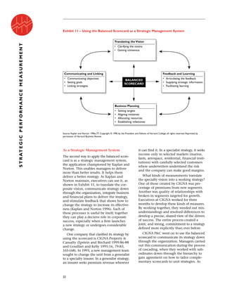 As a Strategic Management System
The second way to apply the balanced score-
card is as a strategic management system,
the application championed by Kaplan and
Norton. This enables managers to deliver
more than better results. It helps them
deliver a better strategy. As Kaplan and
Norton maintain, executives can use it, as
shown in Exhibit 11, to translate the cor-
porate vision, communicate strategy down
through the organization, integrate business
and financial plans to deliver the strategy,
and stimulate feedback that shows how to
change the strategy to increase its effective-
ness (Kaplan and Norton 1996). Each of
these processes is useful by itself; together
they can play a decisive role in corporate
success, especially when a firm launches
a new strategy or undergoes considerable
change.
One company that clarified its strategy by
using the scorecard is CIGNA Property &
Casualty (Epstein and Birchard 1999:86-88
and Gouillart and Kelly 1995:16, 79-83,
165-168). In 1993, a new management team
sought to change the unit from a generalist
to a specialty insurer. In a generalist strategy,
an insurer seeks premium revenue wherever
it can find it. In a specialist strategy, it seeks
income only in selected markets (marine,
farm, aerospace, residential, financial insti-
tutions) with carefully selected customers
where underwriters understand the risk
and the company can make good margins.
What kinds of measurements translate
the specialty vision into a working strategy?
One of those created by CIGNA was per-
centage of premiums from new segments.
Another was quality of relationships with
brokers in segments targeted for growth.
Executives at CIGNA worked for three
months to develop these kinds of measures.
By working together, they weeded out mis-
understandings and resolved differences to
develop a precise, shared view of the drivers
of success. The entire process created a
joint, and strong, commitment to a strategy
defined more explicitly than ever before.
CIGNA P&C went on to use the balanced
scorecard to communicate its strategy down
through the organization. Managers carried
out this communication during the process
of cascading, when they worked with sub-
ordinates down through the hierarchy to
gain agreement on how to tailor comple-
mentary scorecards to unit strategies. As
22
STRATEGICPERFORMANCEMEASUREMENT
Source: Kaplan and Norton 1996c:77. Copyright © 1996 by the President and Fellows of Harvard College, all rights reserved. Reprinted by
permission of Harvard Business Review.
Exhibit 11 – Using the Balanced Scorecard as a Strategic Management System
Translating the Vision
• Clarifying the visions
• Gaining consensus
Communicating and Linking
• Communicating objectives
• Setting goals
• Linking strategies
Feedback and Learning
• Articulating the feedback
• Supplying strategic information
• Facilitating learning
Business Planning
• Setting targets
• Aligning initiatives
• Allocating resources
• Establishing milestones
BALANCED
SCORECARD
 