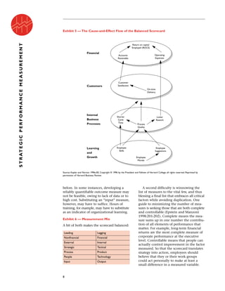 before. In some instances, developing a
reliably quantifiable outcome measure may
not be feasible, owing to lack of data or to
high cost. Substituting an “input” measure,
however, may have to suffice. Hours of
training, for example, may have to substitute
as an indicator of organizational learning.
Exhibit 6 — Measurement Mix
A bit of both makes the scorecard balanced:
A second difficulty is winnowing the
list of measures to the vital few, and thus
blessing a final list that embraces all critical
factors while avoiding duplication. One
guide to minimizing the number of mea-
sures is seeking those that are both complete
and controllable (Epstein and Manzoni
1998:201-202). Complete means the mea-
sure sums up in one number the contribu-
tion of all elements of performance that
matter. For example, long-term financial
returns are the most complete measure of
corporate performance at the executive
level. Controllable means that people can
actually control improvement in the factor
measured. So that the scorecard translates
strategy into action, employees should
believe that they or their work groups
could act personally to make at least a
small difference in a measured variable.
8
STRATEGICPERFORMANCEMEASUREMENT
Exhibit 5 — The Cause-and-Effect Flow of the Balanced Scorecard
Source: Kaplan and Norton 1996c:83. Copyright © 1996 by the President and Fellows of Harvard College, all rights reserved. Reprinted by
permission of Harvard Business Review.
Financial
Customers
Internal
Business
Processes
Learning
and
Growth
Return on capital
Employed (ROCE)
Accounts
Receivable
Operating
Expenses
Customer
Satisfaction
On-time
Delivery
Process
Quality
Shorter
Cycle
Time
Lower
Rework
Employee
Morale
Employee
Skills
Employee
Suggestions
Leading Lagging
Nonfinancial Financial
External Internal
Strategic Tactical
Process Product
People Technology
Input Output
 