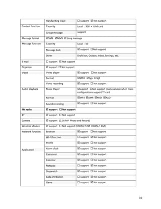 Handwriting input  support  Not support
Contact function Capacity Local：300 + UIM card
Group message support
Message format SMS MMS  Long message
Message function Capacity Local：50
Message bulk  support Not support
Other Draft box, Outbox, Inbox, Settings, etc.
E-mail  support  Not support
Organizer  support  Not support
Video Video player  support Not support
Format MP4 3gp 3g2
Video recording  support  Not support
Audio playback Music Player support Not support (Just available when mass
configurations support TF card
Format MP3 AMR MIDI AAC+
Sound recording  support  Not support
FM radio  support  Not support
BT  support  Not support
Camera  support (0.08 MP Photo and Record)
Wireless Modem  support  Not support (HSDPA 7.2M HSUPA 1.8M)
Network function Browser support Not support
Wi-Fi function  support  Not support
Application
Profile  support  Not support
Alarm clock  support  Not support
Calculator  support  Not support
Calendar  support  Not support
Notepad  support  Not support
Stopwatch  support  Not support
Calls attribution  support  Not support
Game  support  Not support
10
 