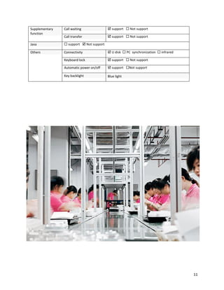 Supplementary
function
Call waiting  support  Not support
Call transfer  support  Not support
Java  support  Not support
Others Connectivity  U disk  PC synchronization  infrared
Keyboard lock  support  Not support
Automatic power on/off  support Not support
Key backlight Blue light
11
 