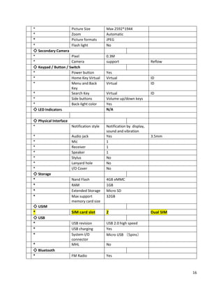 * Picture Size Max 2592*1944
* Zoom Automatic
* Picture formats JPEG
* Flash light No
◇ Secondary Camera
* Pixel 0.3M
* Camera support Reflow
◇ Keypad / Button / Switch
* Power button Yes
* Home Key Virtual Virtual ID
* Menu and Back
Key
Virtual ID
* Search Key Virtual ID
* Side buttons Volume up/down keys
* Back-light color Yes
◇ LED Indicators N/A
◇ Physical Interface
* Notification style Notification by display,
sound and vibration
* Audio jack Yes 3.5mm
* Mic 1
* Receiver 1
* Speaker 1
* Stylus No
* Lanyard hole No
* I/O Cover No
◇ Storage
* Nand Flash 4GB eMMC
* RAM 1GB
* Extended Storage Micro SD
* Max support
memory card size
32GB
◇ USIM
* SIM card slot 2 Dual SIM
◇ USB
* USB revision USB 2.0 high speed
* USB charging Yes
* System I/O
connector
Micro USB （5pins）
* MHL No
◇ Bluetooth
* FM Radio Yes
16
 