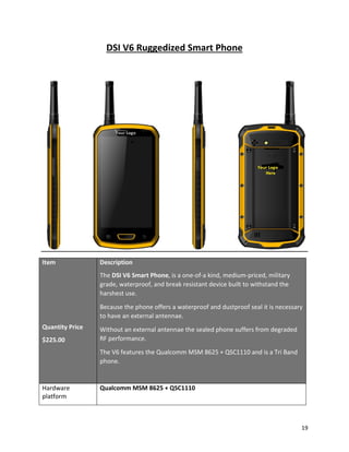 DSI V6 Ruggedized Smart Phone
Item
Quantity Price
$225.00
Description
The DSI V6 Smart Phone, is a one-of-a kind, medium-priced, military
grade, waterproof, and break resistant device built to withstand the
harshest use.
Because the phone offers a waterproof and dustproof seal it is necessary
to have an external antennae.
Without an external antennae the sealed phone suffers from degraded
RF performance.
The V6 features the Qualcomm MSM 8625 + QSC1110 and is a Tri Band
phone.
Hardware
platform
Qualcomm MSM 8625 + QSC1110
19
 