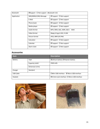 Bluetooth Support  Not support (Bluetooth 3.0)
Application SMS/MMS/LONG Message  Support  Not support
E-Mail  Support  Not support
Phone book  Support  Not support
Media player  Support  Not support
Audio format MP3, MIDI, AAC, AMR, AAC+，WAV
Video format Mpeg 4,3 gp,H.263, H.264
Picture format JPEG, BMP,GIF,PNG
Calculator  Support  Not support
Calendar  Support  Not support
Alarm clock  Support  Not support
Accessories
Item Description
Battery Type Lithium battery 口Polymer battery
Capacity (mAh） 2500 mAh
Dimension (mm)
Charger Standard
USB Cable Mini USB interface  Micro USB interface
Headset 3.5mm Jack interface  Micro USB interface
21
 