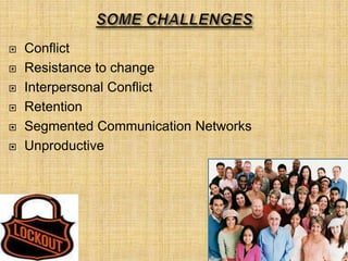  Conflict
 Resistance to change
 Interpersonal Conflict
 Retention
 Segmented Communication Networks
 Unproductive
 