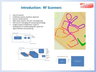 3
Introduction: RF Scanners
• Uses of scanners
• Traditional scanner, evolution, dead end
• Scanner market decline
• SON, indoor systems, het nets: new beginning
• Soft scanner: leveraging GP computing technology
• Longear project at Wavenetix: 3 years in
development. A multithreading HPC system for
signal collection and processing
 