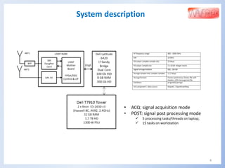 4
System description
• ACQ: signal acquisition mode
• POST: signal post processing mode
 5 processing tasks/threads on laptop;
 15 tasks on workstation
 