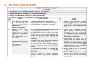 III. CAF ASSESSMENT OF DPUSPR
ASSESSMENT OF CRITERION 1: LEADERSHIP
SUB-CRITERIA
1.1 Provide direction for the DPUSPR by developing its mission, vision and values
1.2 Manage the DPUSPR, its performance and its continuous improvement
1.3 Motivate and support people in the DPUSPR and act as a role model
1.4 Manage effective relations with political authorities and other stakeholders
Sub-
criteria
Strengths Areas for improvement Scor
e
(Optional)
Action items
1.1 Strong legal mandate supported
by Law on Local Self
Government, Municipal Statute
and Regulations.
Regulation on transparency.
 A DPUSPR mission, vision and values should be
developed, communicated and periodically reviewed.
 Full implementation of Regulation on Transparency.
10 1. Conduct a PEST analysis and formulate,
develop, communicate and periodically
review DPUSPR own mission, vision and
values involving relevant stakeholders and
employees.
1.2 Decision on DPUSPR internal
organization and
systematization of work places
revised in 2013, including an
organizational structure with
clear responsibilities for all
level of staff.
Municipality Intranet (software)
for processing
citizen’s/business
requests/complains.
 The current organizational management system should
be improved, implemented and monitored.
 The organizational structure should be reviewed and
improved to ensure a system for identifying and setting
priorities for necessary changes regarding the
structure, the performance and the management of the
organization.
 The quality of the current performance management
system should be reviewed and improved.
 The current measurable targets should be extended to
reflect the outputs and outcomes of the DPUSPR
activities.
 The current steering mechanisms are insufficient they
should be improved in order to improve DPUSPR
performance.
 There is no evidence of a proper management
information systems and/or quality management
system.
50 2. Review current management structures
(levels, functions, responsibilities and
competencies) with an aim of ensuring that
it is appropriate to manage processes and
partnerships in accordance with the needs
and expectations of stakeholders.
3. Recommendation: The scope of Sector for
Common Work within DPUSPR should be
expanded towards the inclusion of change
management and quality management system
design and implementation and a new DPUSPR
organizational structure should be developed
taking into consideration the above.
4. Apply principles of TQM and introduction
of QMS and EMS.
5. Upgrade the Municipal intranet to enable
conditions for process, project management
and for effective internal and external
communication. .
 