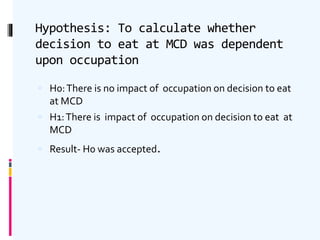 Hypothesis: To calculate whether
decision to eat at MCD was dependent
upon occupation
 H0:There is no impact of occupation on decision to eat
at MCD
 H1:There is impact of occupation on decision to eat at
MCD
 Result- H0 was accepted.
 