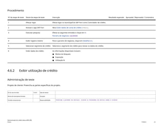 Procedimento
Nº da etapa de teste Nome da etapa de teste Instrução Resultado esperado Aprovada / Reprovada / Comentário
1 Efetuar login Efetue login no launchpad do SAP Fiori como Controlador de crédito.
2 Acessar o app SAP Fiori Abra Exibir dados de conta de crédito(F4825).
3 Executar pesquisa Efetue as seguintes entradas e clique em Ir:
Parceiro de negócios: 14100005
4 Exibir registro mestre Para o parceiro de negócios, clique em Detalhes (>).
5 Selecionar segmento de crédito Selecione o segmento de crédito para revisar os dados do crédito.
6 Exibir dados de crédito As informações disponíveis incluem:
● Motivo do bloqueio
● Exposição
● Utilização %
4.6.2 Exibir utilização de crédito
Administração de teste
Projeto de cliente: Preencha as partes específicas do projeto.
ID do caso de teste <X.XX> Data de testes:
Nome do executante de teste: Duração:
Funções empresariais: Responsabilidade: <Confirme o provedor de serviços, cliente ou fornecedor de serviço comum e cliente>
Administração de crédito básica (BD6_BR)
Anexo PUBLIC 23
 