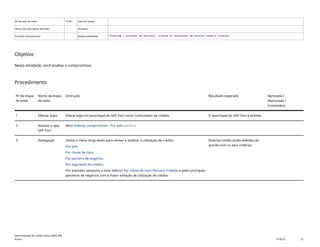 ID do caso de teste <X.XX> Data de testes:
Nome do executante de teste: Duração:
Funções empresariais: Responsabilidade: <Confirme o provedor de serviços, cliente ou fornecedor de serviço comum e cliente>
Objetivo
Nesta atividade, você analisa o compromisso.
Procedimento
Nº da etapa
de teste
Nome da etapa
de teste
Instrução Resultado esperado Aprovada /
Reprovada /
Comentário
1 Efetuar login Efetue login no launchpad do SAP Fiori como Controlador de crédito. O launchpad do SAP Fiori é exibido.
2 Acessar o app
SAP Fiori
Abra Analisar compromisso – Por país(F2541).
3 Navegação Utilize o menu drop-down para revisar e analisar a utilização de crédito:
Por país
Por classe de risco
Por parceiro de negócios
Por segmento de crédito.
Por exemplo, pesquisa o nível inferior Por classe de risco Parceiro (Tabela) e pelos principais
parceiros de negócios com a maior exibição de utilização de crédito.
Diversas visões serão exibidas de
acordo com os seus critérios.
Administração de crédito básica (BD6_BR)
Anexo PUBLIC 25
 