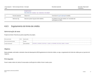 Nº da etapa de
teste
Nome da etapa de teste Instrução Resultado esperado Aprovada / Reprovada /
Comentário
disponíveis>
Data desde-até: <inserir um intervalo de datas>
4 Executar pesquisa Clique em Ir. Uma lista de Logs de aplicação é exibida.
5 Selecionar log Selecione qualuer log para exibir detalhes. Os detalhes do log são exibidos com resultadas das
verificações de crédito.
4.6.5 Esgotamento do limite de crédito
Administração de teste
Projeto de cliente: Preencha as partes específicas do projeto.
ID do caso de teste <X.XX> Data de testes:
Nome do executante de teste: Duração:
Funções empresariais: Responsabilidade: <Confirme o provedor de serviços, cliente ou fornecedor de serviço comum e cliente>
Objetivo
Nesta atividade, você exibe o indicador-chave de desempenho (KPI) Esgotamento do limite de crédito, ou seja, o esgotamento do limite de crédito para um parceiro de
negócios.
Pré-requisito
Foram criadas ordens do cliente, foi executada a verificação de crédito e foram criados casos.
Administração de crédito básica (BD6_BR)
Anexo PUBLIC 27
 