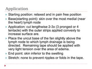 Application
 Starting position: relaxed and in pain free position
 Base(starting point): skin over the most medial (near
the heart) lymph node
 Application: cut lengthwise 2-3x (3 pronged or 4
tentacle) with the outer strips applied convexly to
increase surface are.
 Place the uncut base of the fan slightly above the
lymph node to which lymph drainage is being
directed. Remaining tape should be applied with
very light tension over the area of edema.
 End point: skin inferior to the swelling
 Stretch: none to prevent ripples or folds in the tape.
 
